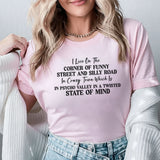 I Live on the Corner of Funny Street and Silly Road in Crazy Town Which Is 18 in Psycho Valley in a Twisted State of Mind T-Shirt