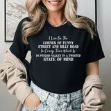 I Live on the Corner of Funny Street and Silly Road in Crazy Town Which Is 18 in Psycho Valley in a Twisted State of Mind T-Shirt